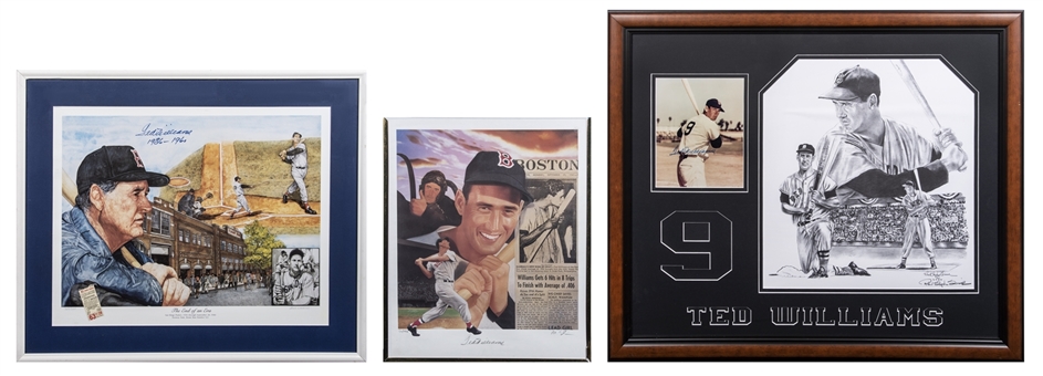 Lot of (3) Ted Williams Signed Boston Red Sox Framed Photos With Lithos, Pencils, & Prints (Beckett PreCert)